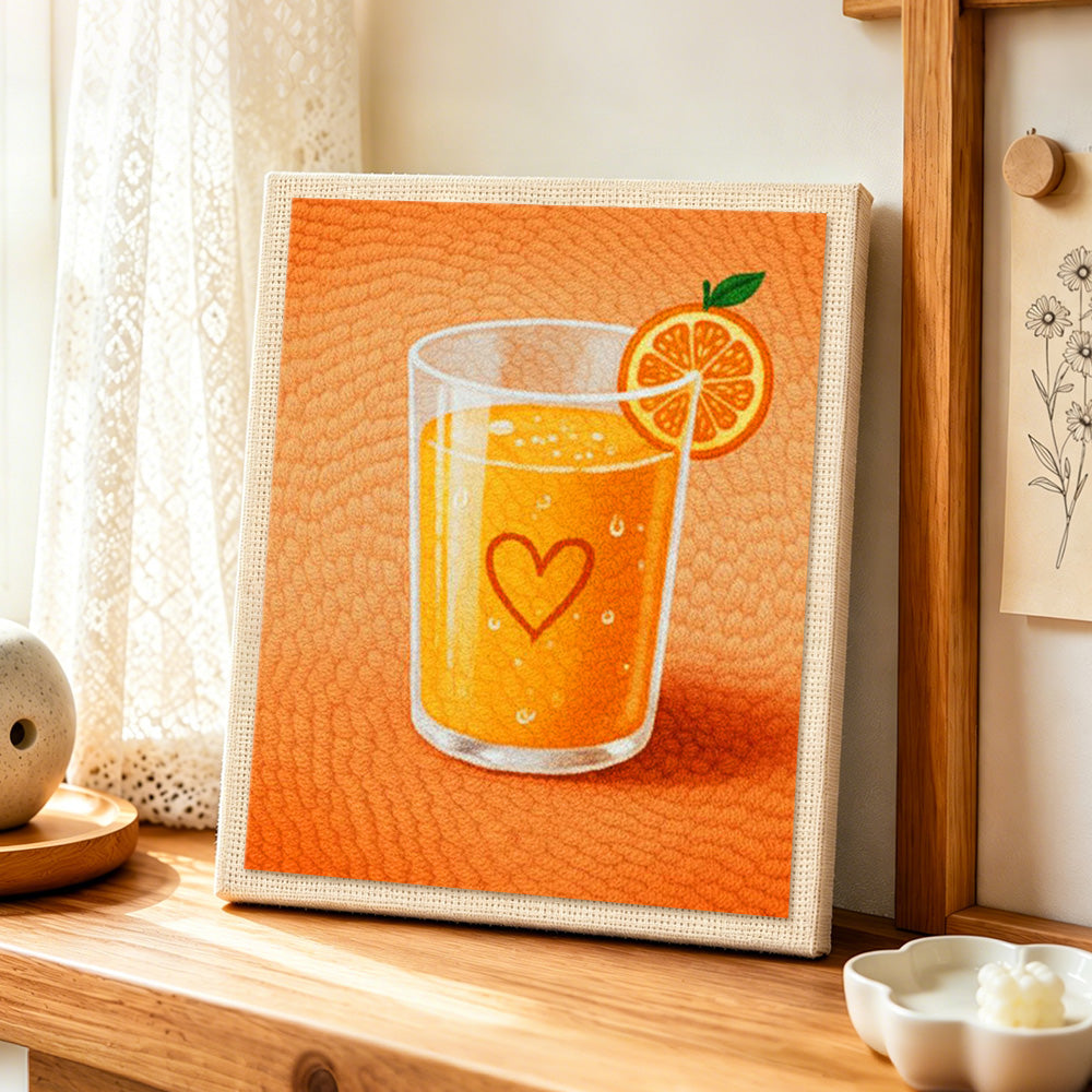 Fresh orange juice punch needle artwork displayed on a table