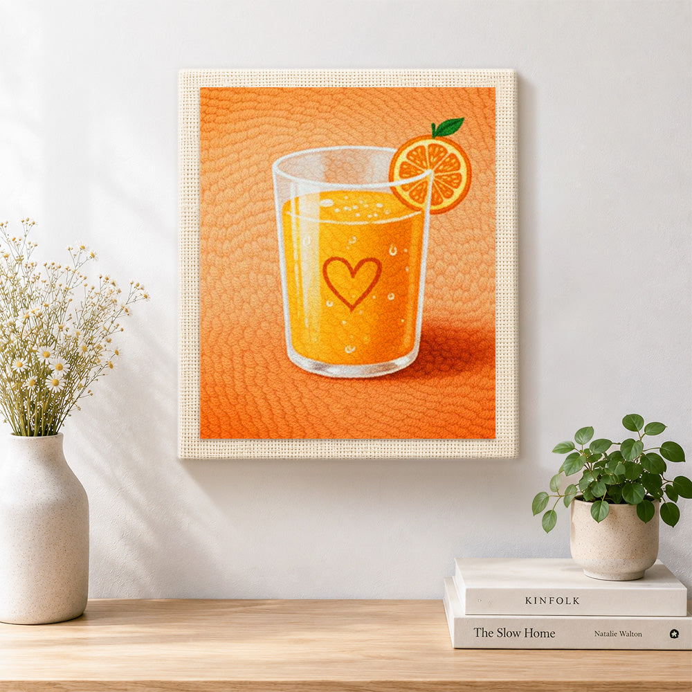 Finished fresh orange juice artwork displayed on a wall