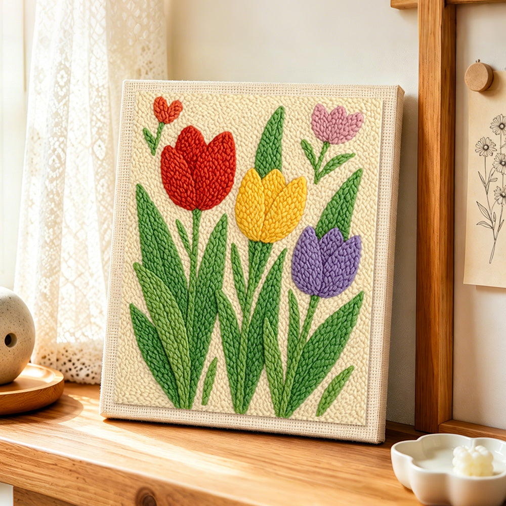 Fresh spring tulips punch needle artwork displayed on a table