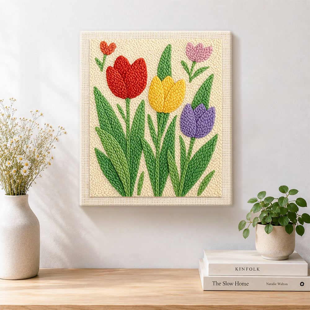 Finished fresh spring tulips artwork displayed on a wall
