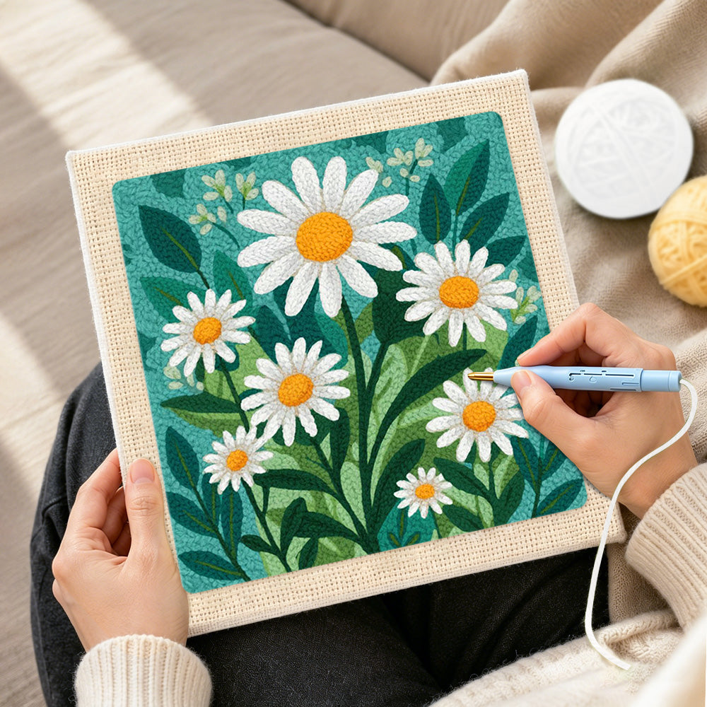 Creating handmade fresh white daisy flowers punch needle artwork