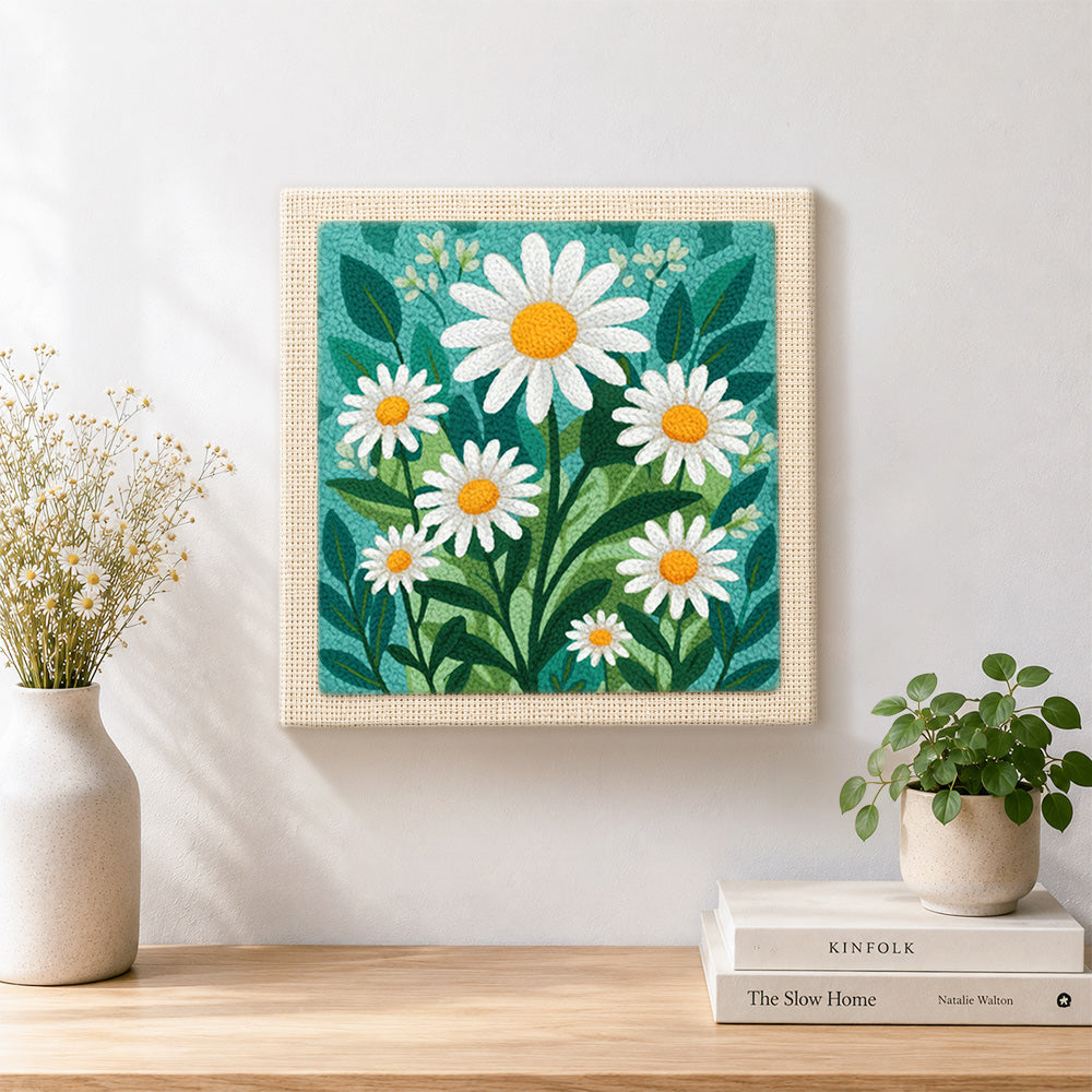 Finished fresh white daisy flowers artwork displayed on a wall