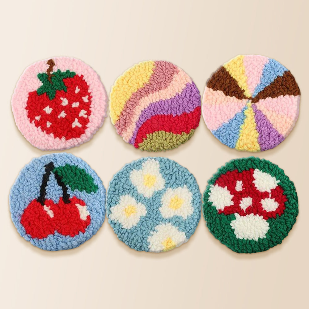 Fruits, mushroom and rainbow punch needle coaster kit finished handmade coasters