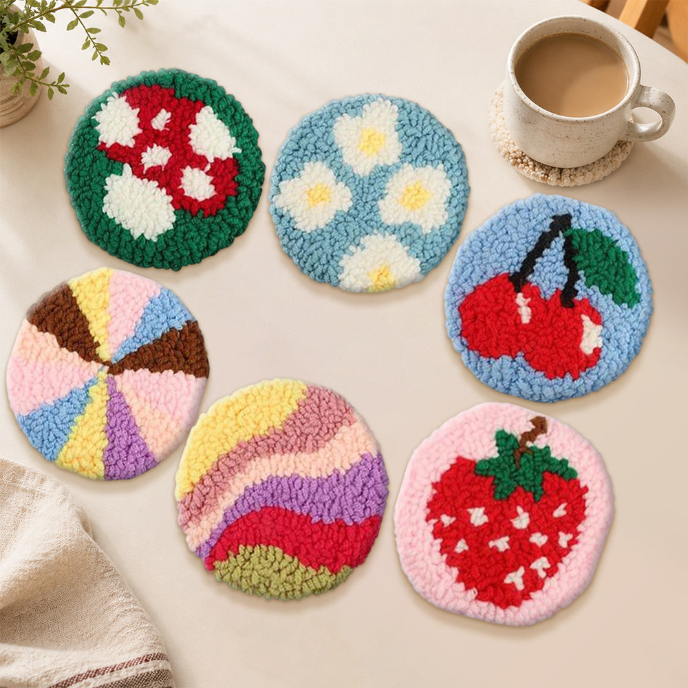 Fruits, mushroom and rainbow punch needle coasters used for home decoration