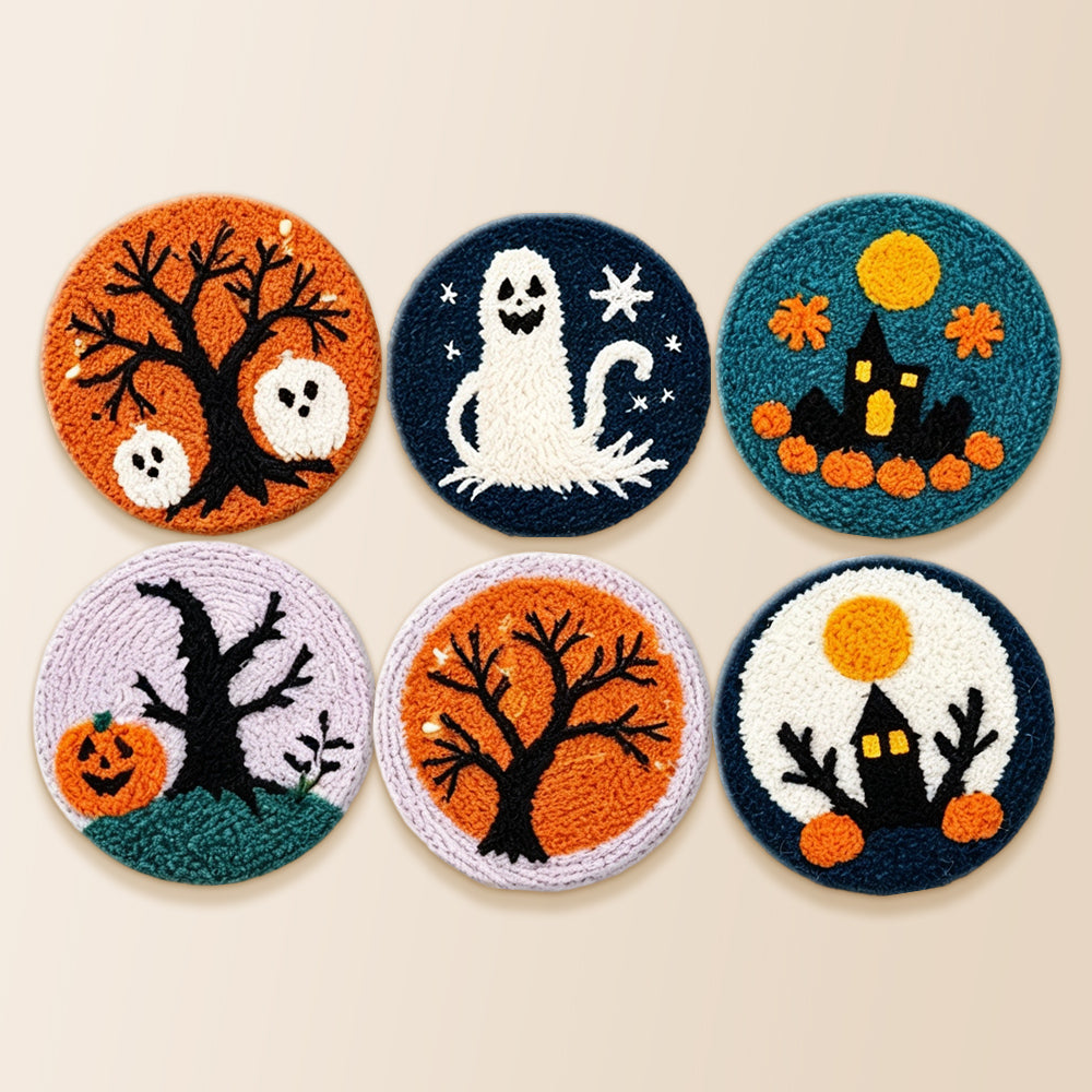 Full moon, haunted house and ghosts punch needle coaster kit finished handmade coasters