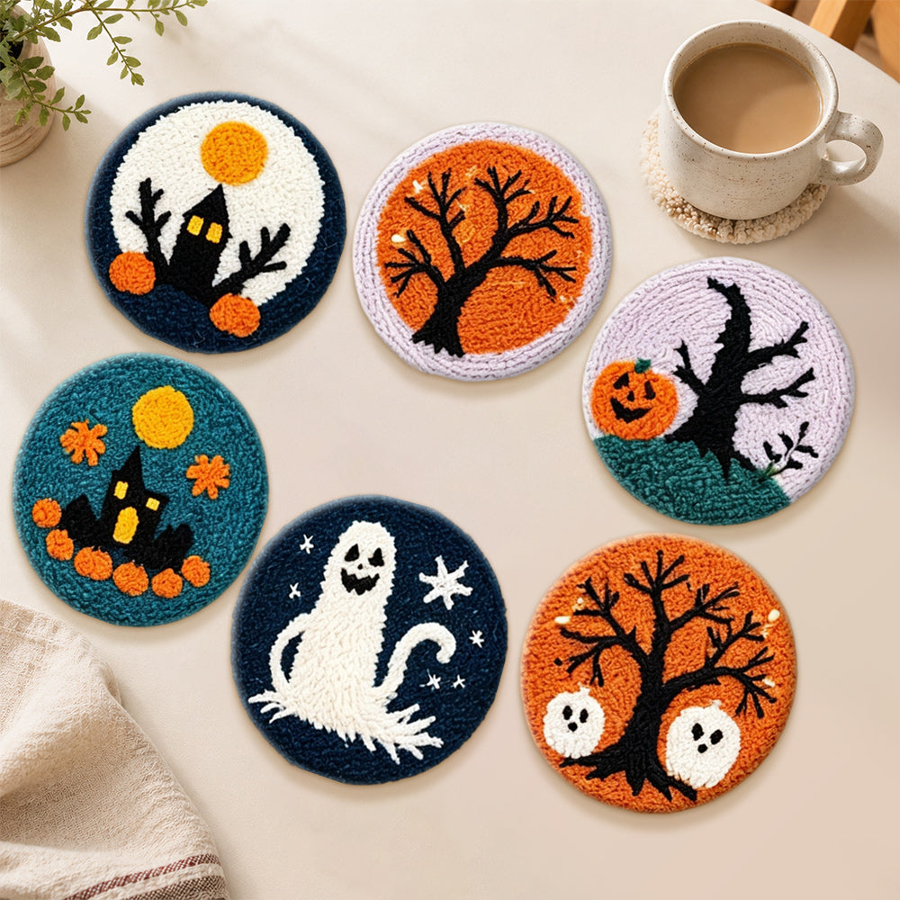 Full moon, haunted house and ghosts punch needle coasters used for home decoration
