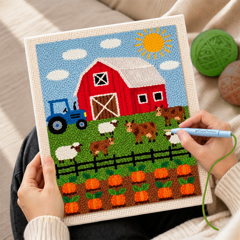 Creating handmade fun farmyard animals and pumpkin season punch needle artwork