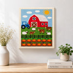 Finished fun farmyard animals and pumpkin season artwork displayed on a wall