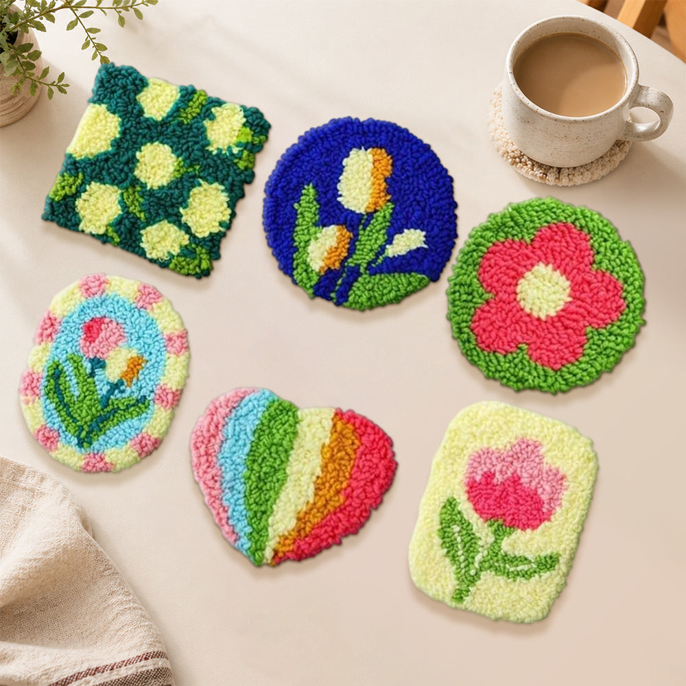 Fun mixed shape flowers punch needle coasters used for home decoration