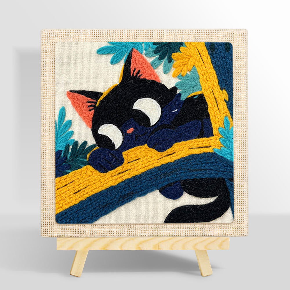 Funny black cat on a branch punch needle kit for beginners