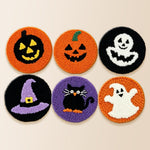 Ghost, black cat and pumpkin punch needle coaster kit finished handmade coasters