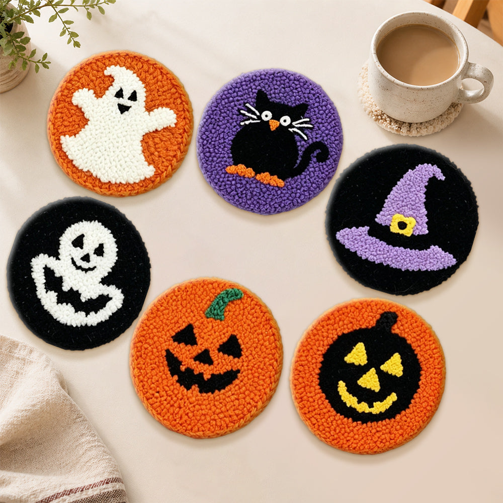 Ghost, black cat and pumpkin punch needle coasters used for home decoration