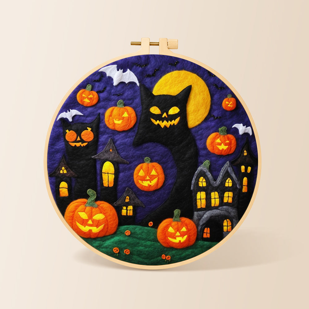 Giant black cat and spooky halloween pumpkins needle felting kit for beginners with a round wooden frame