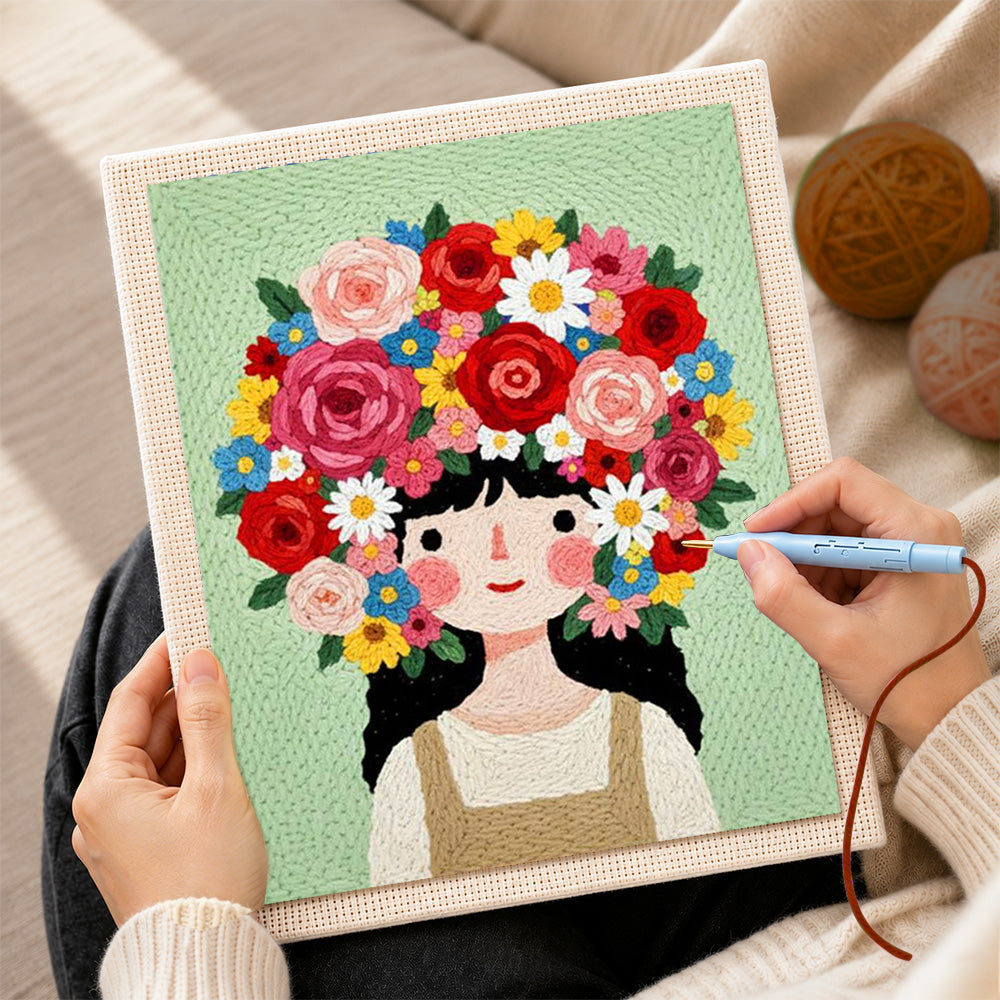 Creating handmade giant floral crown girl punch needle artwork