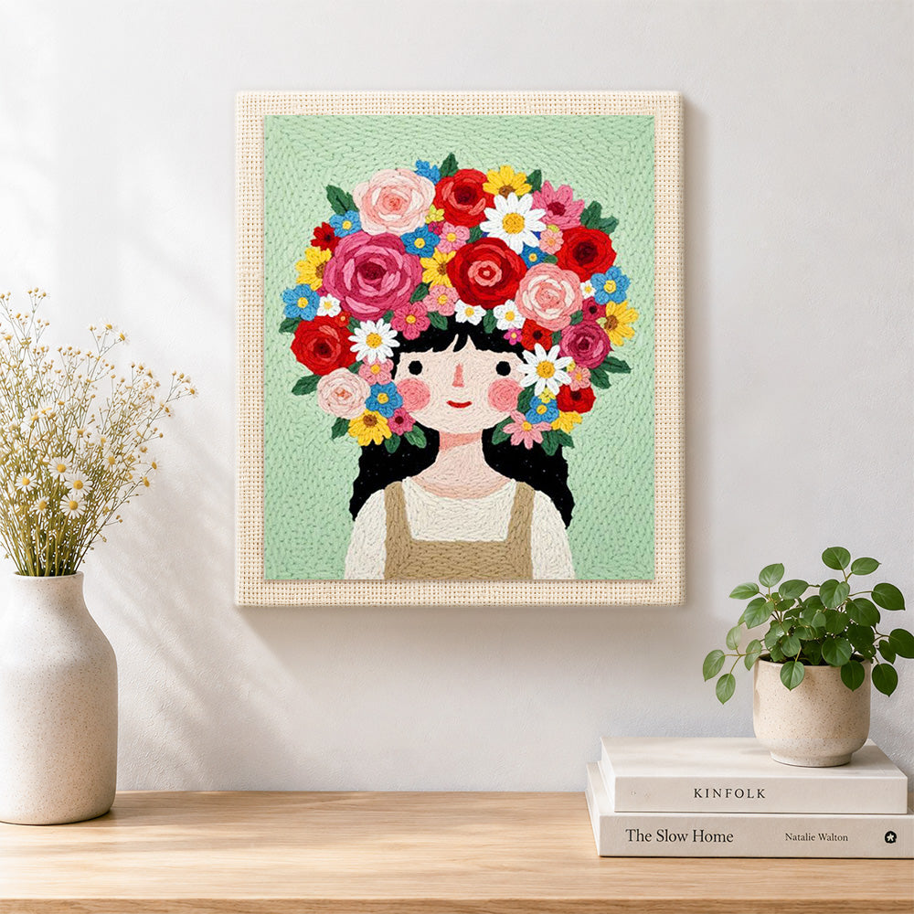Finished giant floral crown girl artwork displayed on a wall