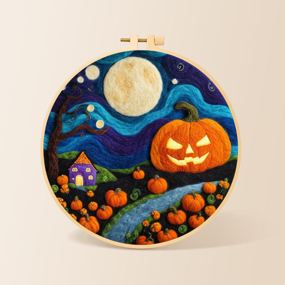 Giant pumpkin on halloween night needle felting kit for beginners with a round wooden frame
