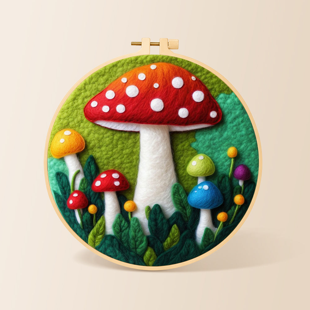 Giant red mushroom in leaves needle felting kit for beginners with a round wooden frame