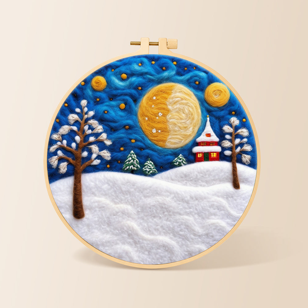 Giant spiral half-moon and snowy tower house needle felting kit for beginners with a round wooden frame