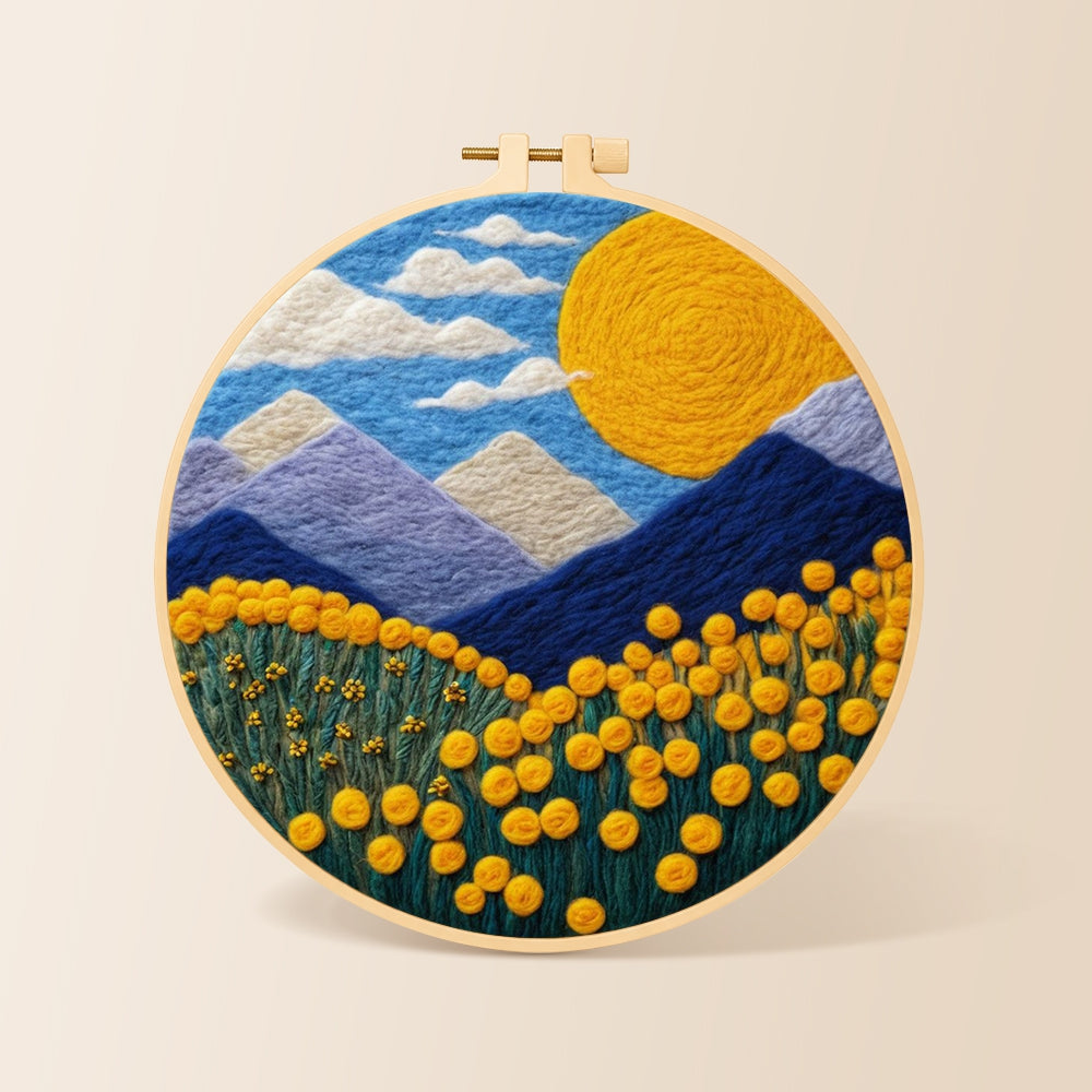 Giant sun, mountains and yellow flowers needle felting kit for beginners with a round wooden frame