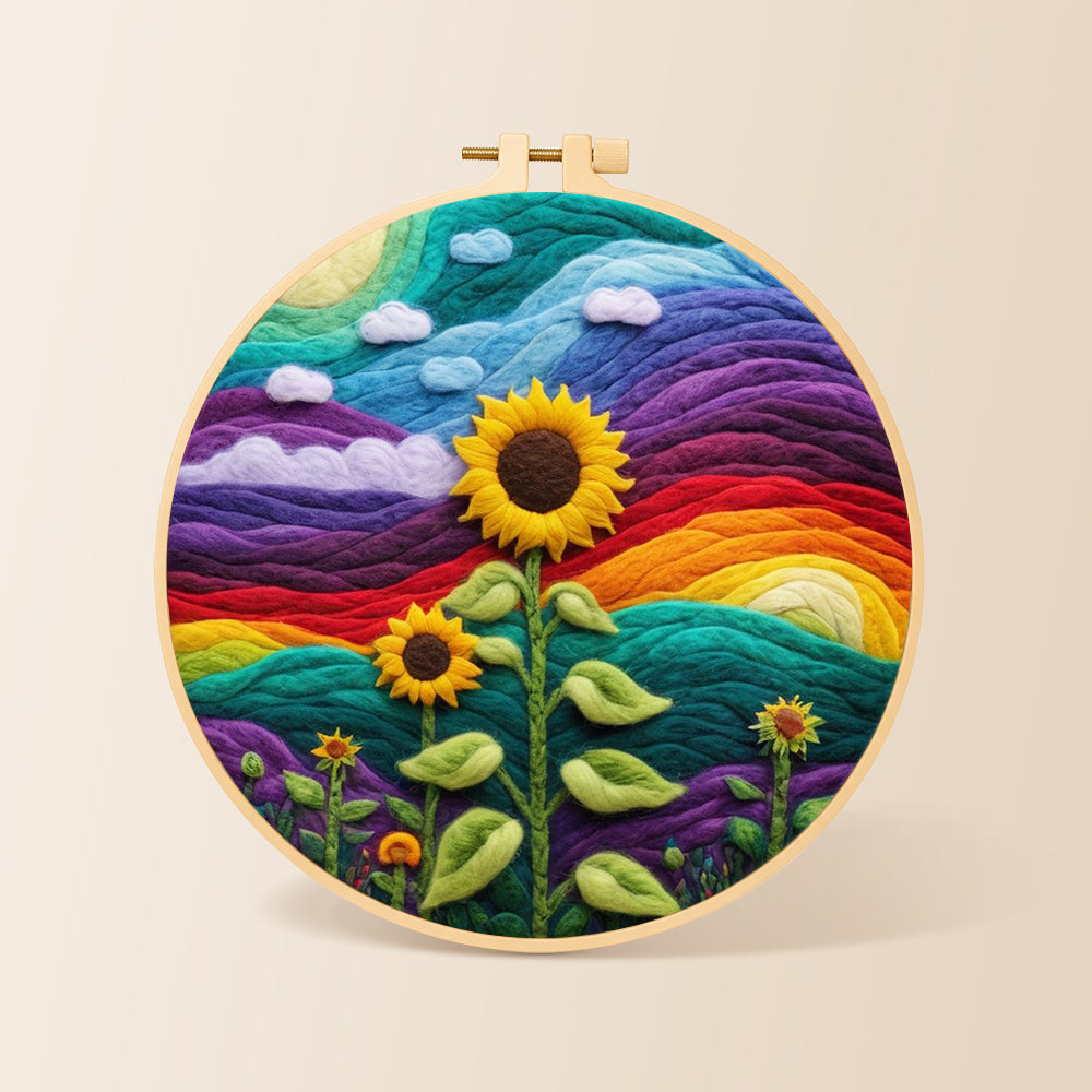 Giant sunflower on rainbow hills needle felting kit for beginners with a round wooden frame