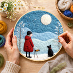 Creating the girl in red coat walking black dog wool painting by hand with a felting needle