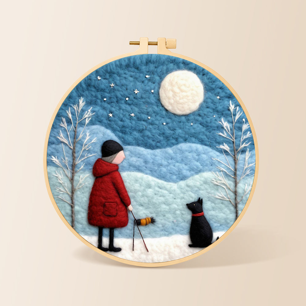 Girl in red coat walking black dog needle felting kit for beginners with a round wooden frame