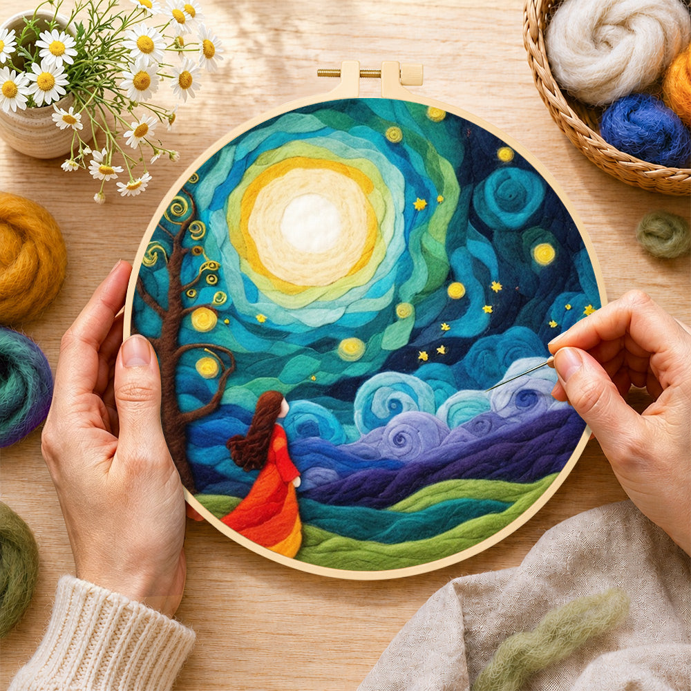 Creating the girl in red dress under swirling starry night wool painting by hand with a felting needle