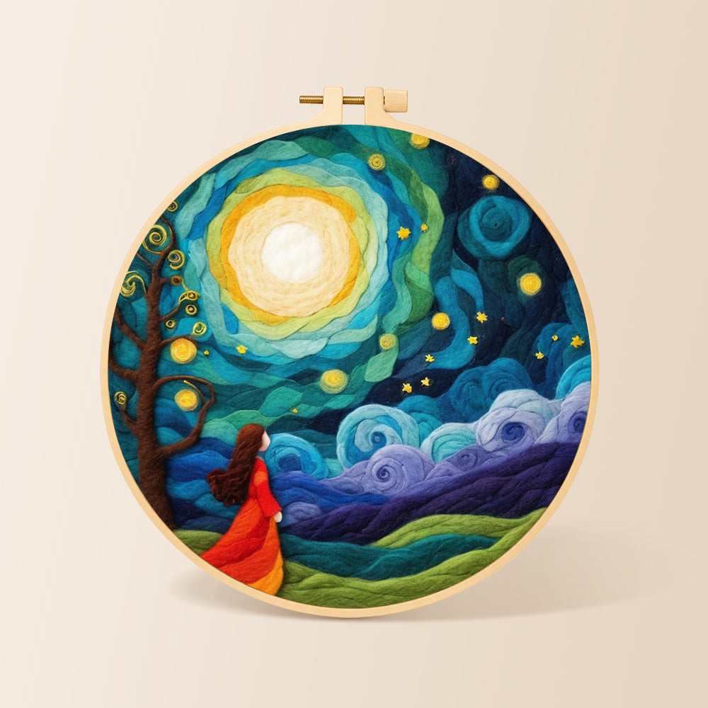 Girl in red dress under swirling starry night needle felting kit for beginners with a round wooden frame