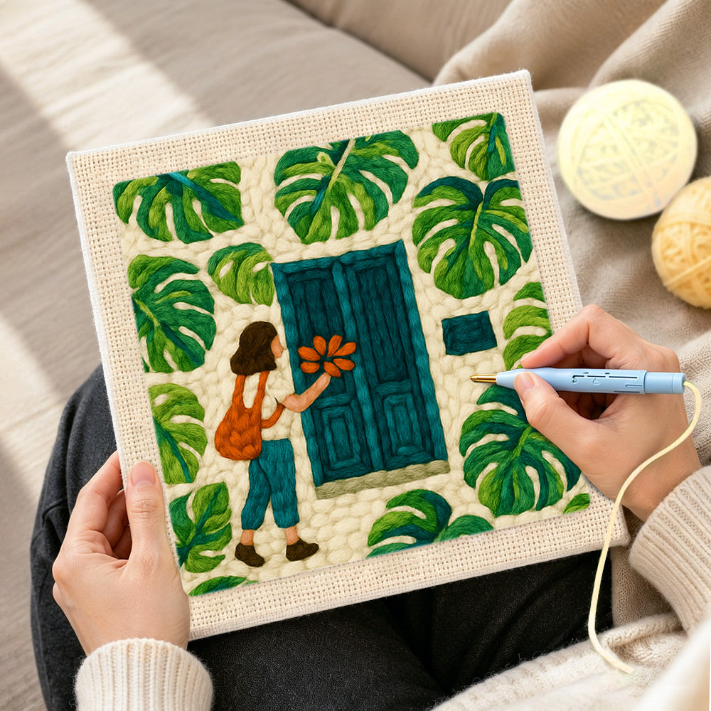 Creating handmade girl, teal door and monstera leaves punch needle artwork