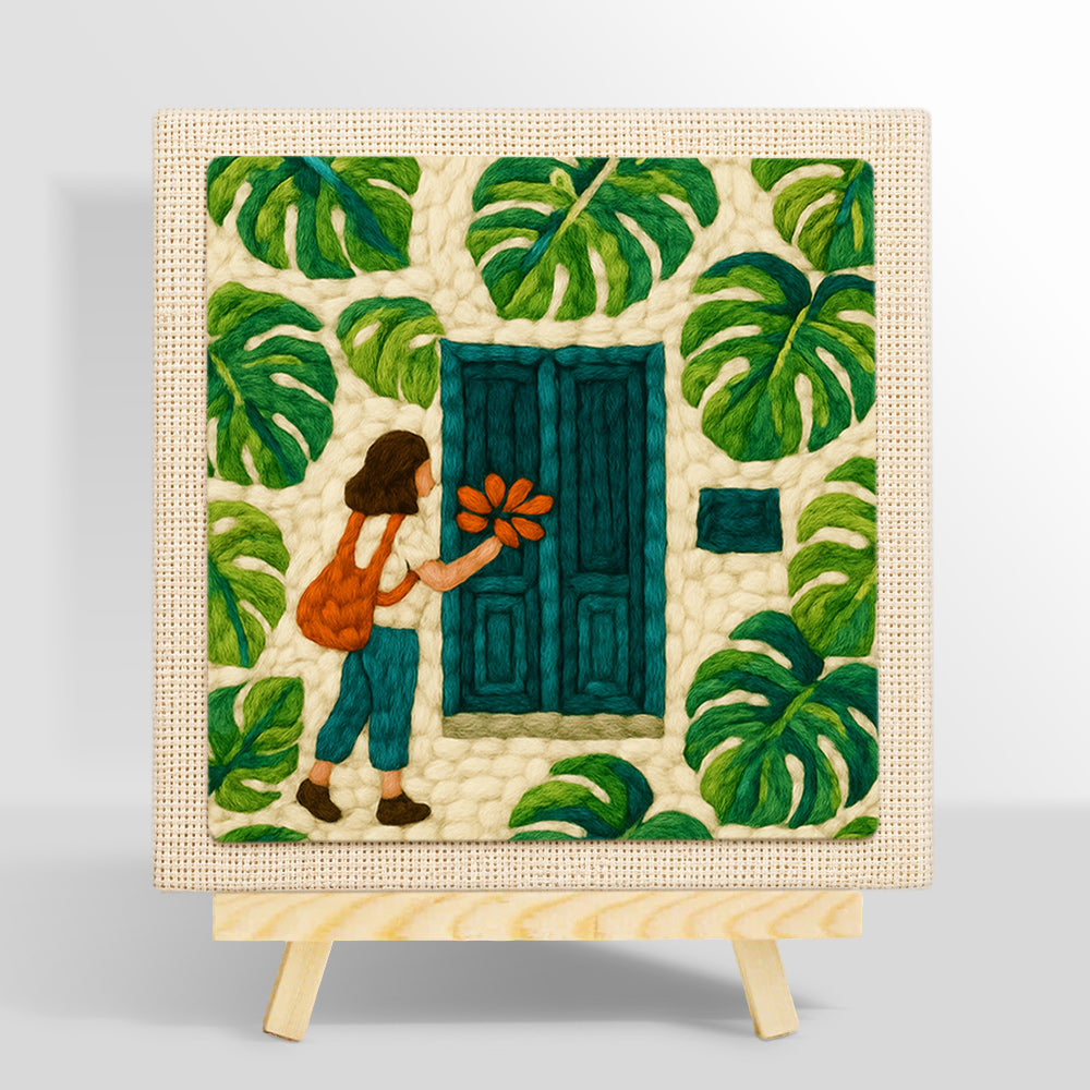 Girl, teal door and monstera leaves punch needle kit for beginners