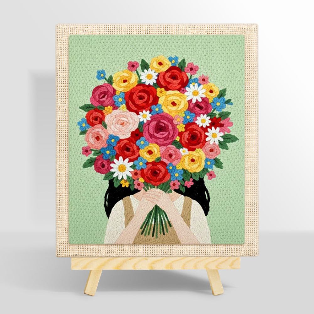 Girl with bright flower bouquet punch needle kit for beginners