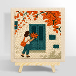 Girl with orange leaves at blue door punch needle kit for beginners