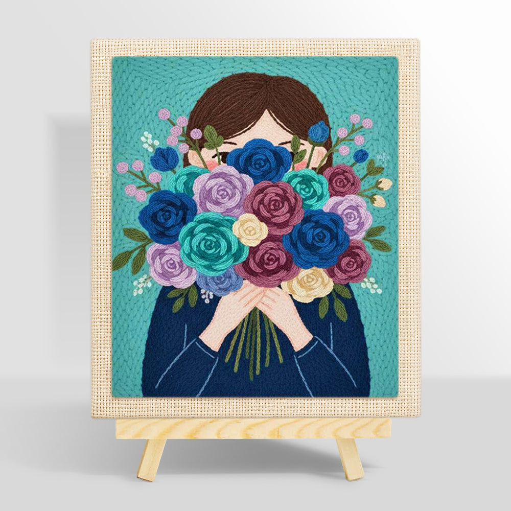 Girl with romantic flower bunch punch needle kit for beginners