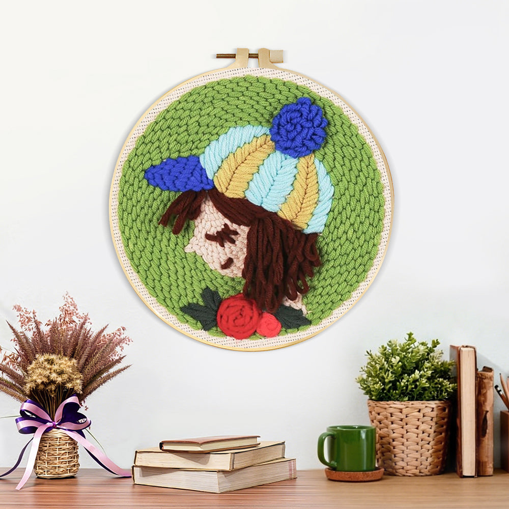 Finished girl with striped beanie and rose artwork displayed on a wall
