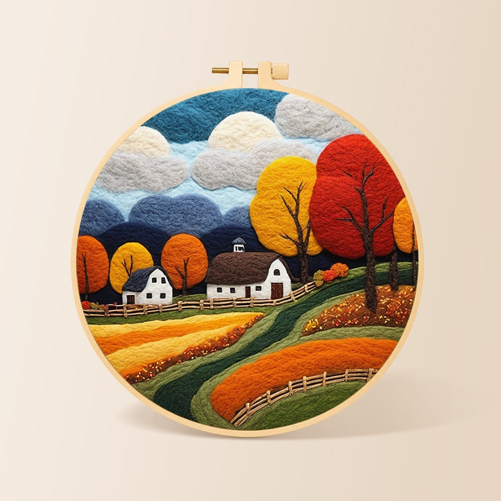 Golden autumn tree and rolling hills needle felting kit for beginners with a round wooden frame