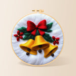 Golden christmas bells with red bow needle felting kit for beginners with a round wooden frame