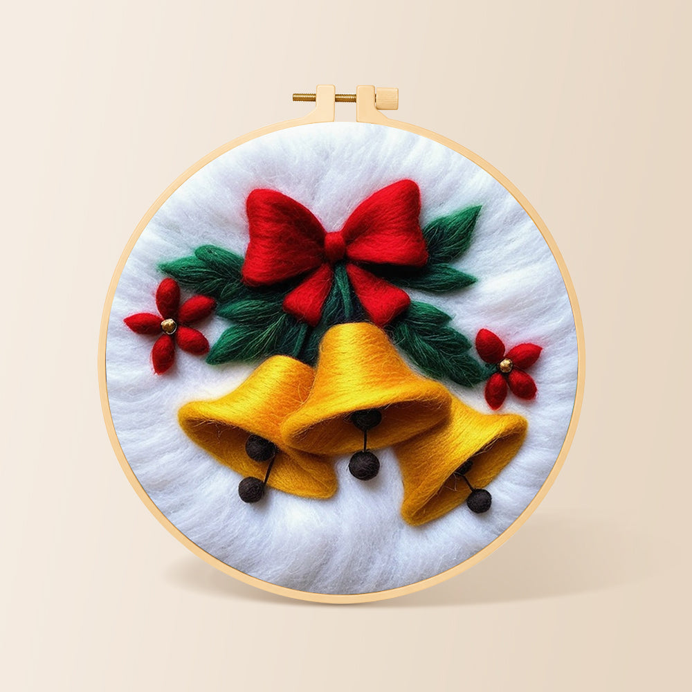 Golden christmas bells with red bow needle felting kit for beginners with a round wooden frame