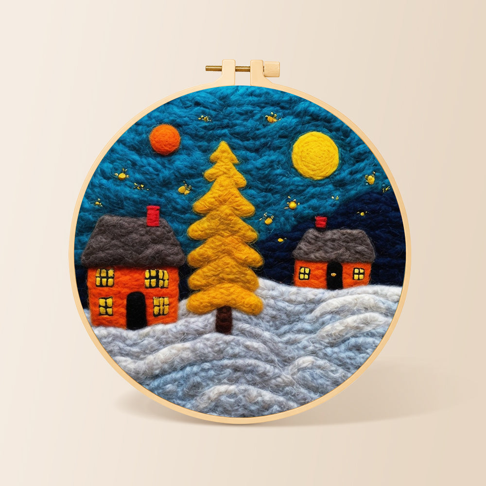 Golden christmas tree and snowy cabins needle felting kit for beginners with a round wooden frame
