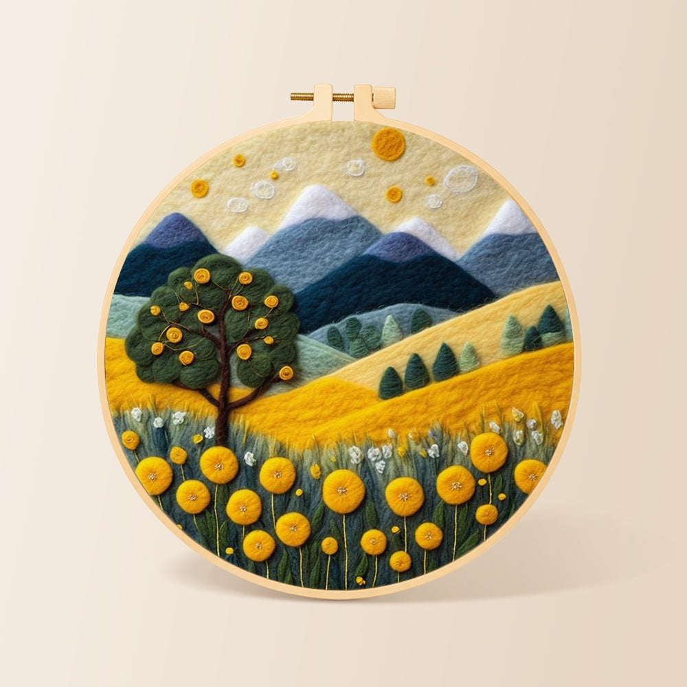 Golden harvest tree and mountains needle felting kit for beginners with a round wooden frame
