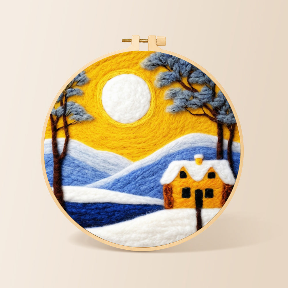 Golden sun and blue mountain snowscape needle felting kit for beginners with a round wooden frame