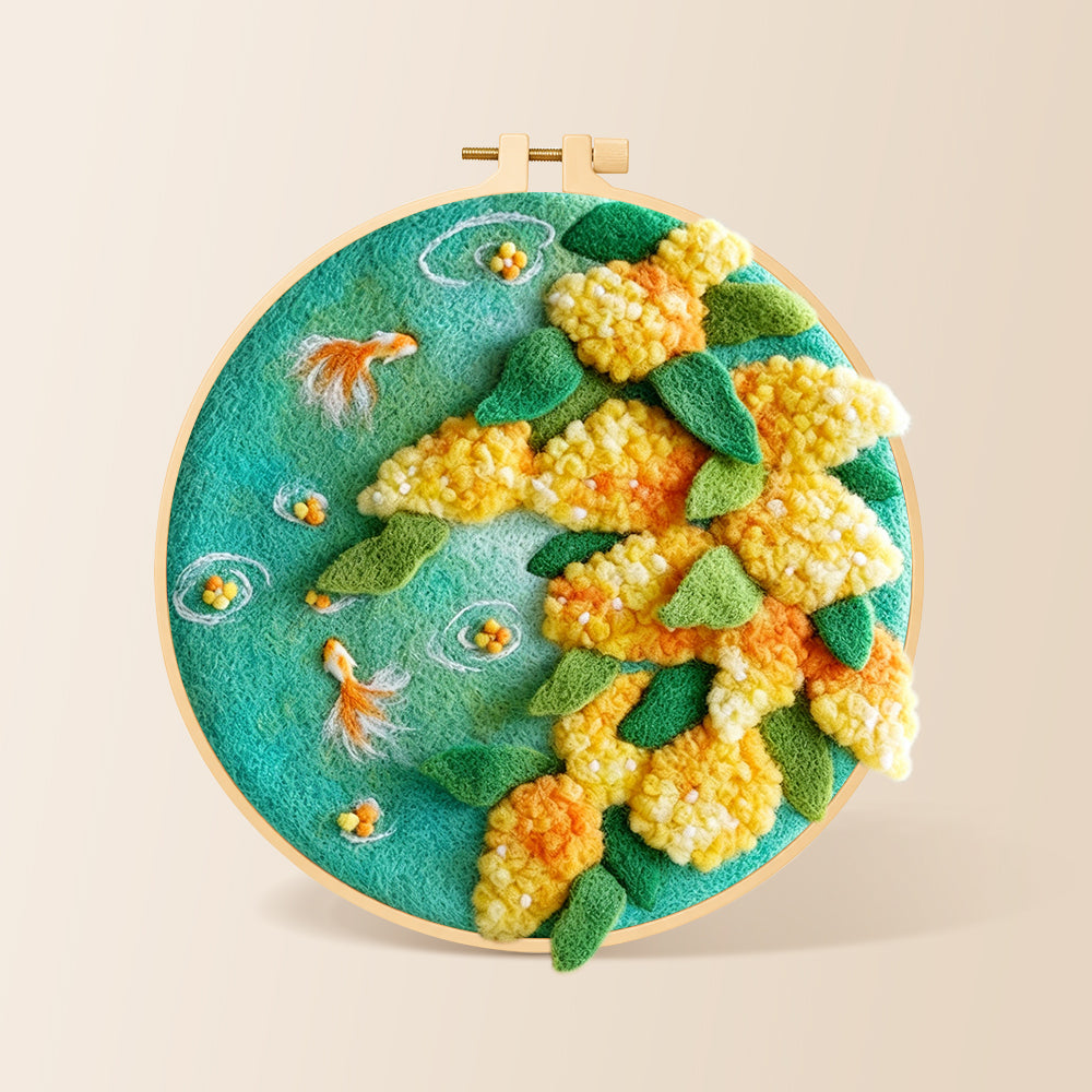 Goldfish with yellow plants needle felting kit for beginners with a round wooden frame