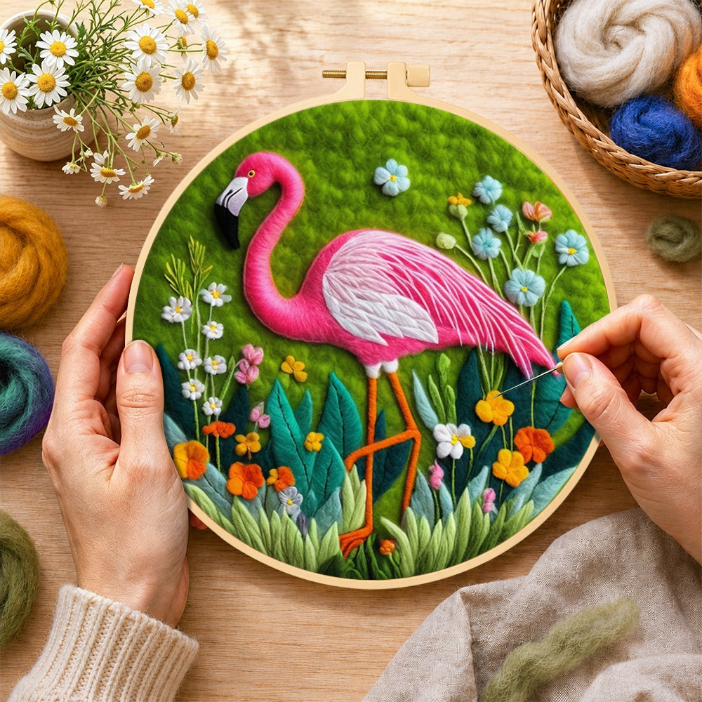 Creating the graceful pink flamingo and wildflowers wool painting by hand with a felting needle