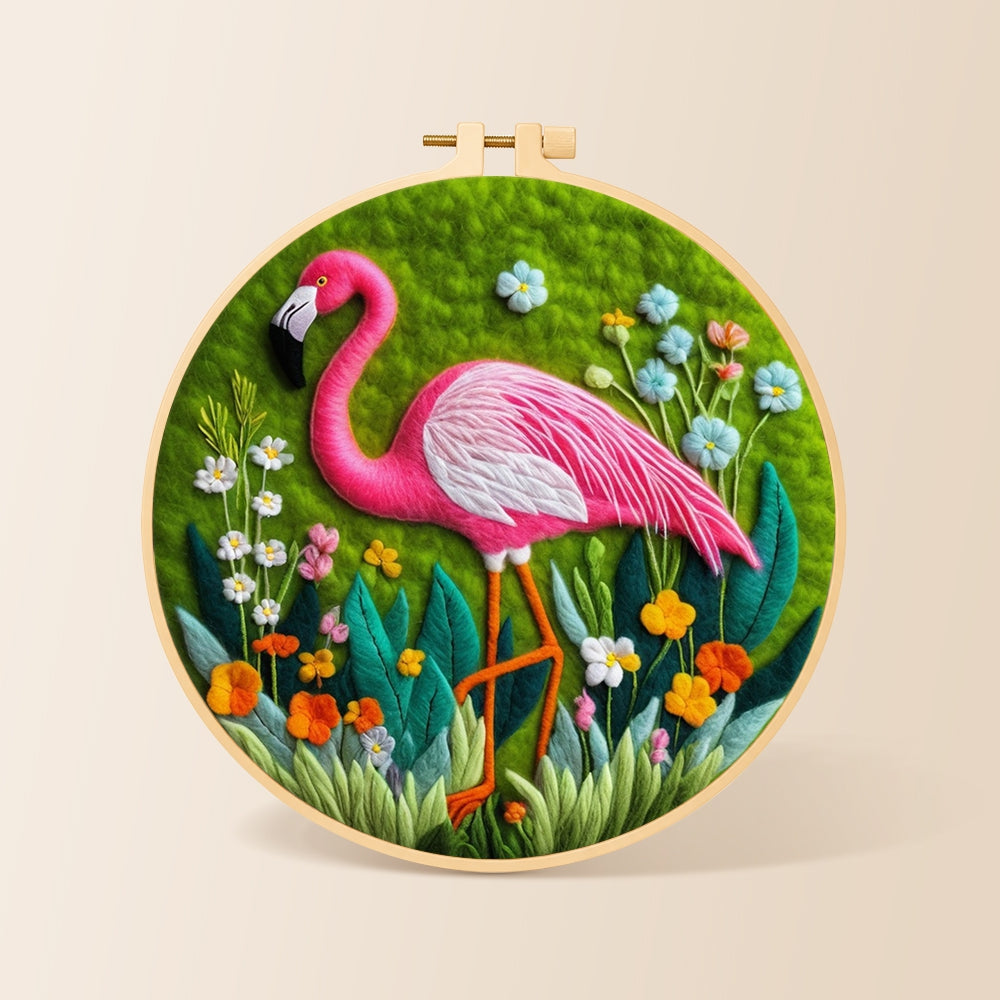 Graceful pink flamingo and wildflowers needle felting kit for beginners with a round wooden frame