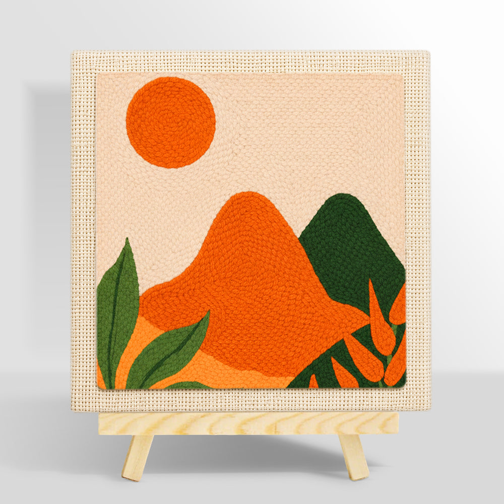 Green and orange hills with leaves punch needle kit for beginners