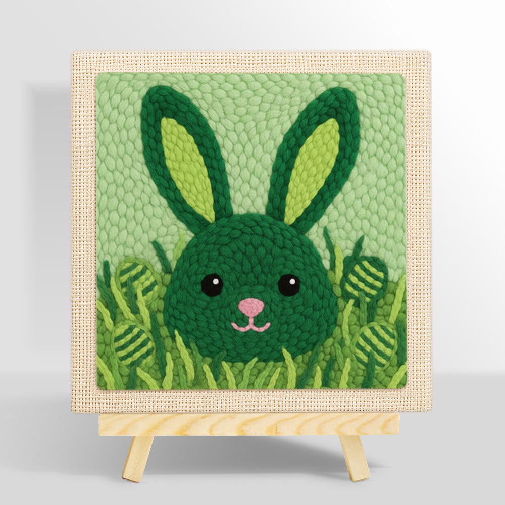 Green bunny hiding in grass punch needle kit for beginners