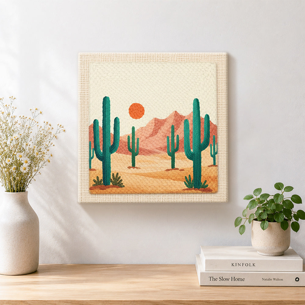Finished green cactus and pink mountains artwork displayed on a wall