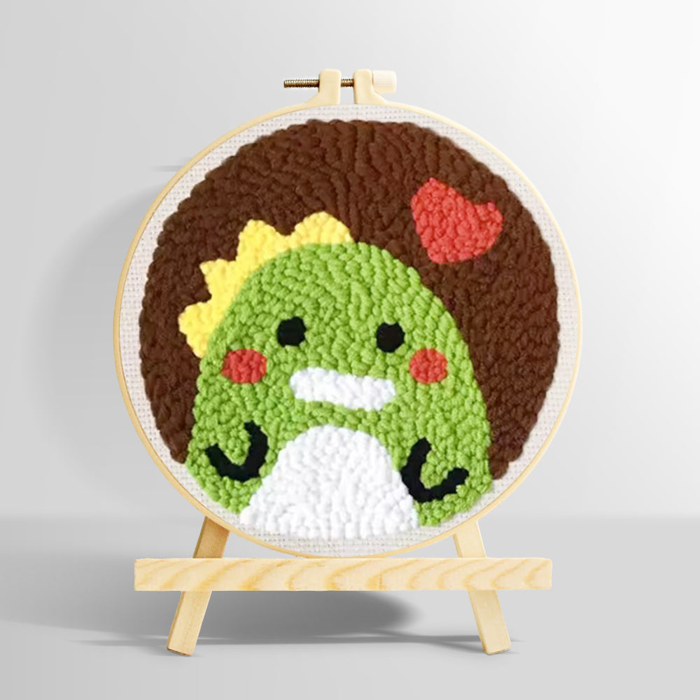 Green dinosaur and red heart punch needle kit for beginners