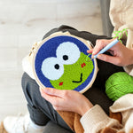 Creating handmade green frog with big eyes punch needle artwork