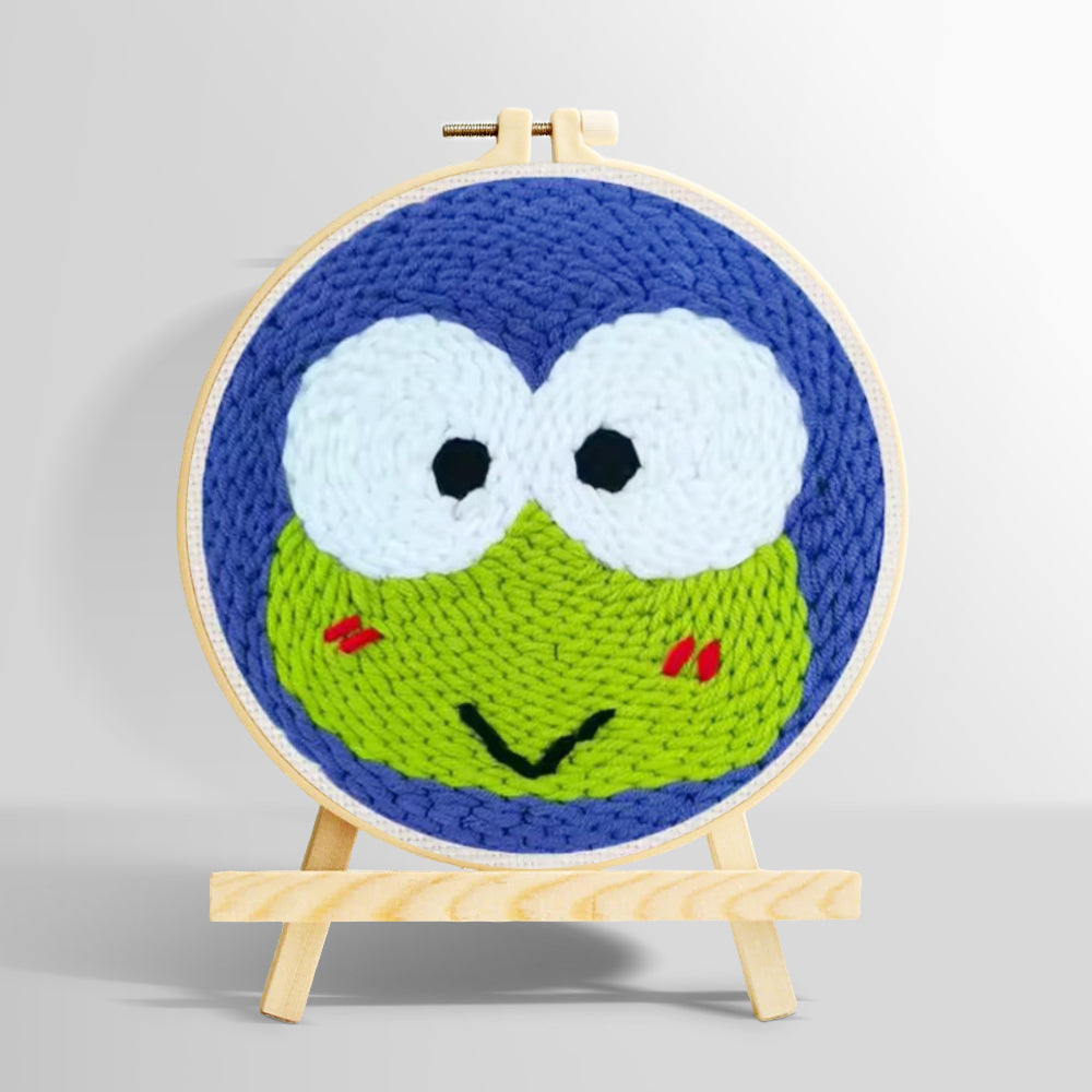 Green frog with big eyes punch needle kit for beginners
