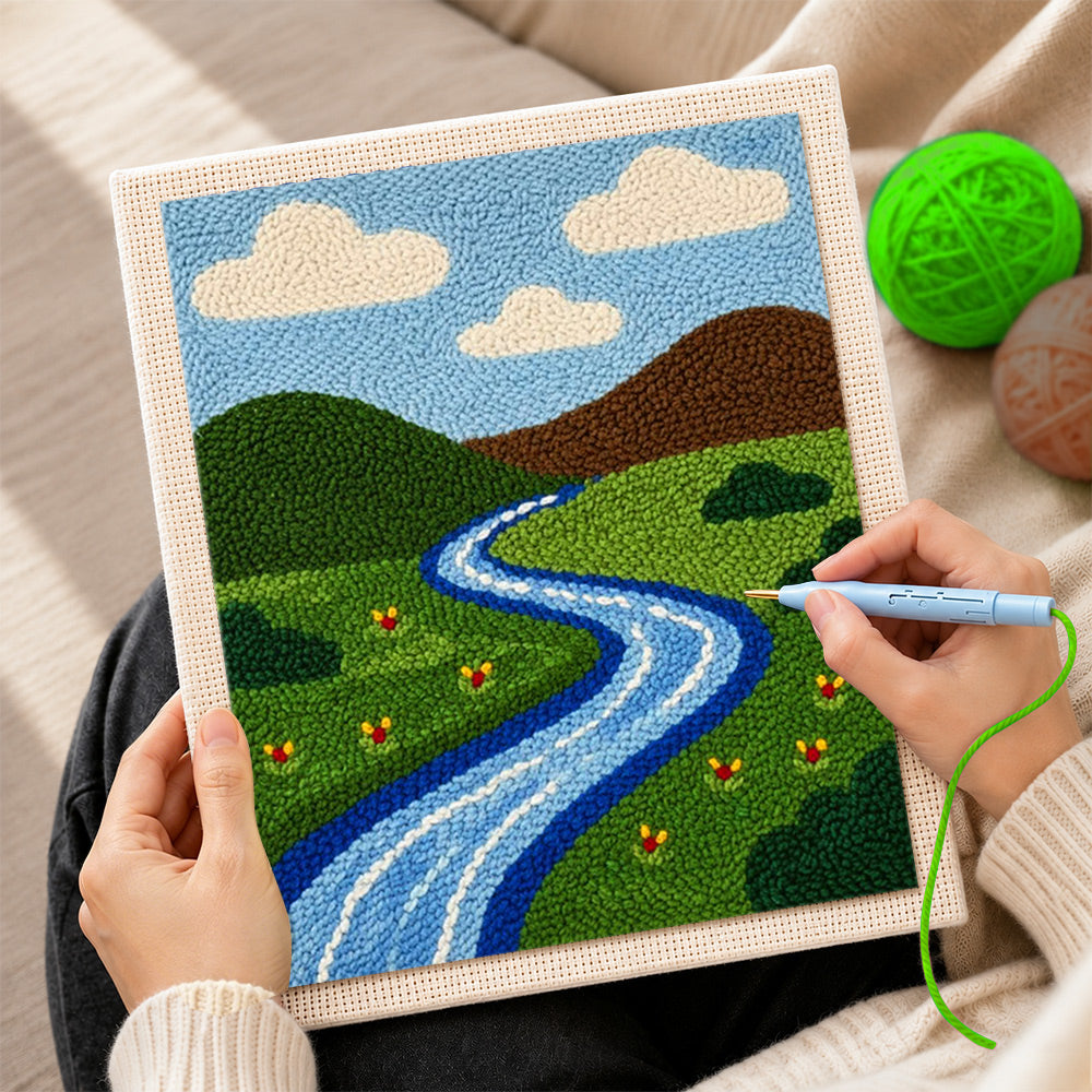 Creating handmade green grassland and peaceful river punch needle artwork